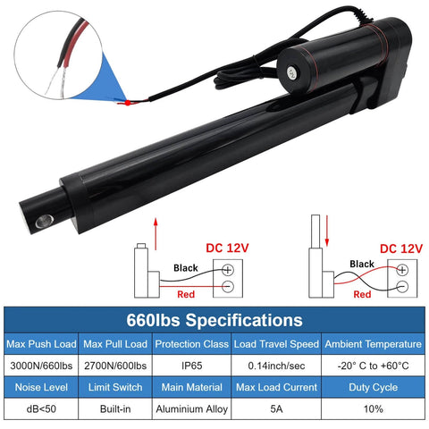 6 Inch 6" Stroke Linear Actuator IP65 Waterproof Heavy Duty 12V 3000N/660lbs Maximum Lift with mounting brackets and wires shown