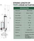 Diagram of 12V Actuator Heavy Duty 165lbs/750N Linear Actuator 100mm with specifications and measurements.
