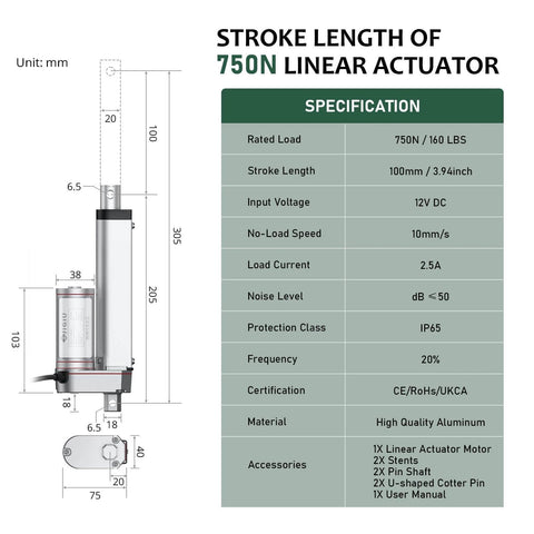 Diagram of 12V Actuator Heavy Duty 165lbs/750N Linear Actuator 100mm with specifications and measurements.