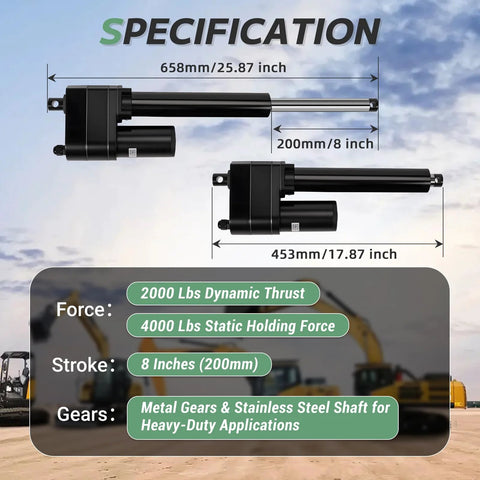12V heavy-duty linear actuator with 8 inch stroke, 2000 lbs thrust, durable steel gears, stainless shaft for tough tasks