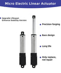 Micro electric linear actuators with precision forging and long life features for cabinets, robotics, and home automation.