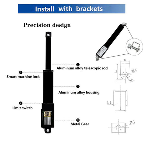 Compact mini linear actuator 12V with aluminum alloy rod and housing, smart machine lock, limit switch, and metal gear diagram.