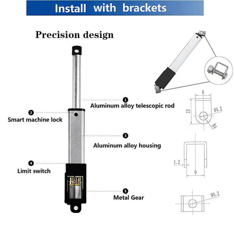 Diagram of Compact 12V 4 Inch Linear Actuator AWINLI With 60N Thrust showing telescopic rod, machine lock, limit switch, and metal gear.