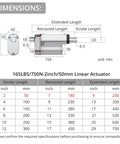 Diagram of 12V Linear Actuator 160LBS Lift, 2 Inch Stroke, 50 mm Travel showing dimensions and specifications.