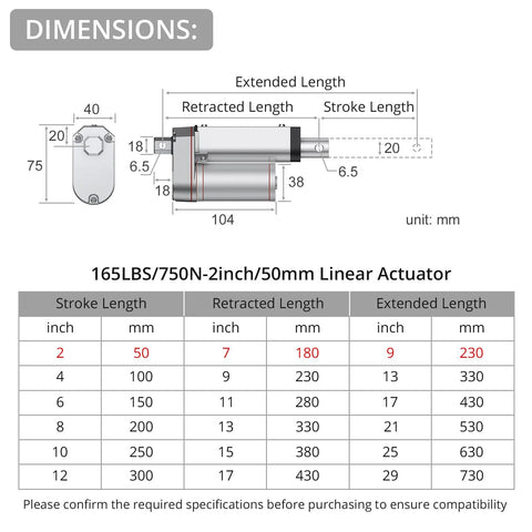 Diagram of 12V Linear Actuator 160LBS Lift, 2 Inch Stroke, 50 mm Travel showing dimensions and specifications.