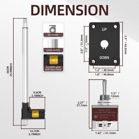 Diagram showing dimensions of 12v Actuator Heavy Duty 12v 18 Inch Stroke Electric Actuator 12v Linear Actuator 6000N 1320lb IP54 Waterproof with Switch
