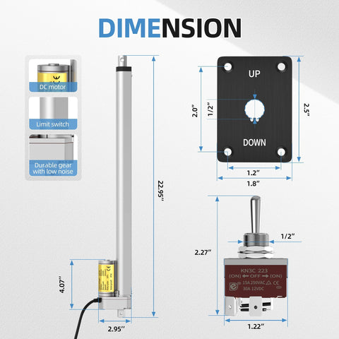Diagram of Heavy Duty Tough As Nails 12V Linear Actuator dimensions with controller and limit switch components.