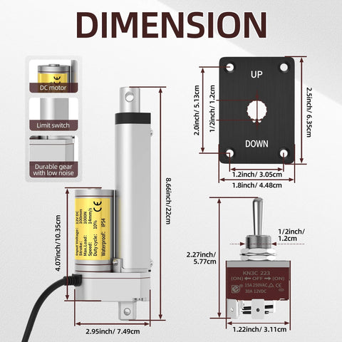 Image showing dimensions of the 12V Linear Actuator, 4" Actuator 14 mm/s High Speed with Waterproof 1000N/220lbs Stroke and reverse polarity switch