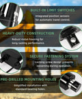 Features of 12V heavy-duty linear actuator including built-in limit switches, heavy-duty construction, secure fastening system, and pre-drilled mounting holes.