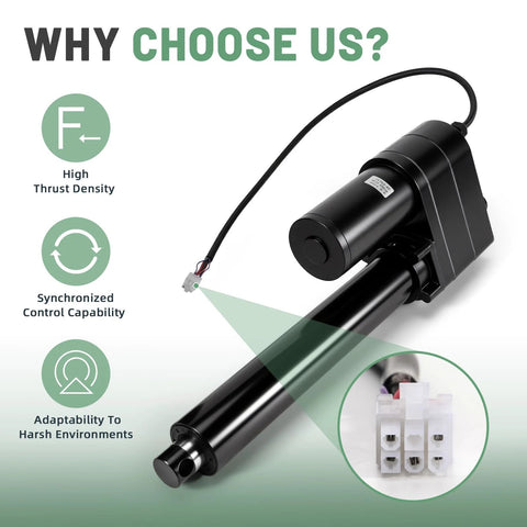 12V heavy-duty linear actuator with high thrust density and synchronized control capability for harsh environments.