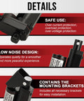 Heavy duty linear actuator 12V details showing safety features, low noise design, and included mounting brackets for easy installation.