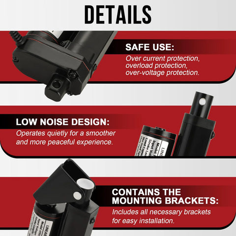 Heavy duty linear actuator 12V details showing safety features, low noise design, and included mounting brackets for easy installation.