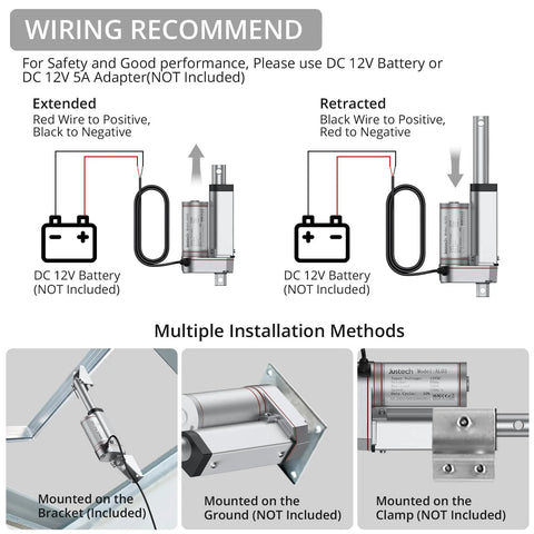 Diagram of 12V Linear Actuator 160LBS Lift wiring and mounting methods.