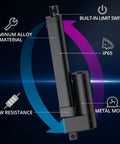 Heavy Duty 12V Linear Actuator 660 LBS 3000 N With 6 Inch Stroke 150mm Silent Operation IP65 Rated, showing features and materials.