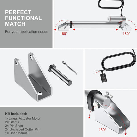 Beefy 12V Heavy Duty Linear Actuator 330LBS 1500N with brackets, kit components detailed, silver Justech