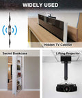 UYGALAXY 12V actuator controller with 2 wireless remotes and 110V power supply — collage of hidden TV cabinet, bookcase, projector lift