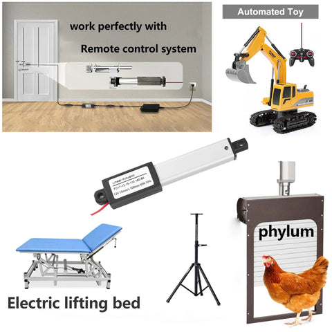 Compact 12V 4 Inch Linear Actuator AWINLI With 60N Thrust, various applications shown: coop door, robotic toy, lifting bed, remote control.