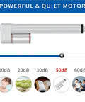 Side view of Amazon electric linear actuator with 250 mm stroke, 12V, mounting bracket, silver metal body
