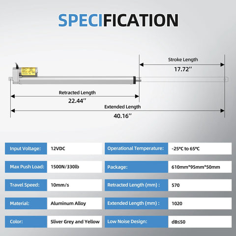 Specifications of Heavy Duty Tough As Nails 12V Linear Actuator with 330 Pound Load Capacity, 18 Inch Travel, and Controller
