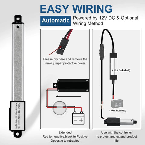Diagram of wiring setup for Mini Electric Linear Actuator Stroke 2"–Force 4.5 lbs–12V showing connections and controller use.