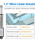 Diagram of 12V Micro Linear Actuator With 1.2 Inch Stroke 64N 14.4Lb Lift 0.6 Inch Per Second Speed for windows.