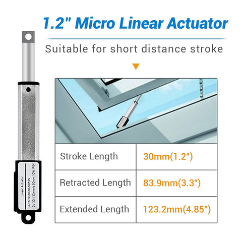 Diagram of 12V Micro Linear Actuator With 1.2 Inch Stroke 64N 14.4Lb Lift 0.6 Inch Per Second Speed for windows.