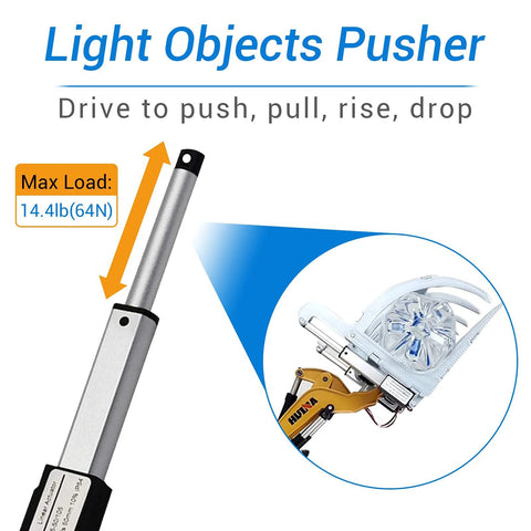 12V Micro Linear Actuator With 1.2 Inch Stroke 64N 14.4Lb Lift shows max load and robotic attachment application