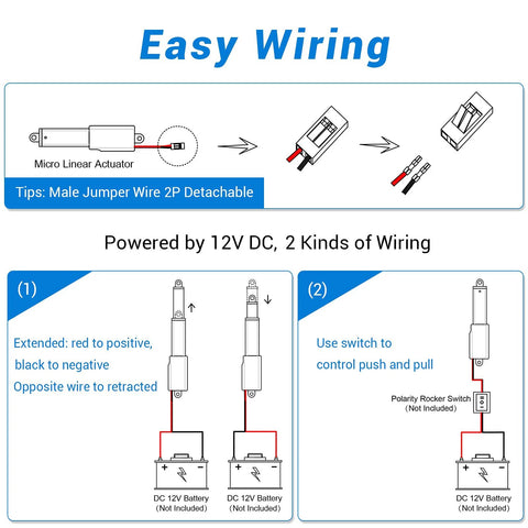 Wiring instructions for 12V Micro Linear Actuator With 1.2 Inch Stroke 64N 14.4Lb Lift 0.6 Inch Per Second Speed