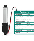 12V linear actuator for robotics; 100mm stroke, 120N max load, aluminum housing, specs display