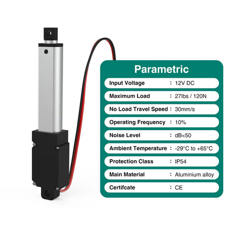 12V linear actuator for robotics; 100mm stroke, 120N max load, aluminum housing, specs display