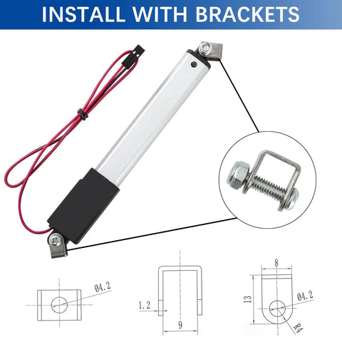 Install bracket details of Tiny But Mighty 12V Mini Linear Actuator With 0.4 Inch Stroke, 42 Lbs Load, IP54 Rated, includes mounting brackets.