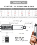 Diagram showing dimensions of a Justech 12V Mini Linear Actuator With IP54 Waterproof Protection, suitable for DIY projects.
