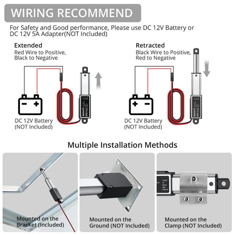 Diagram showing wiring and installation methods of 12V Mini Linear Actuator With IP54 Waterproof Protection for DIY projects