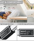 Child sleeping with Justech 12V Mini Linear Actuator showing IP54 waterproof protection and specifications for windows and doors.