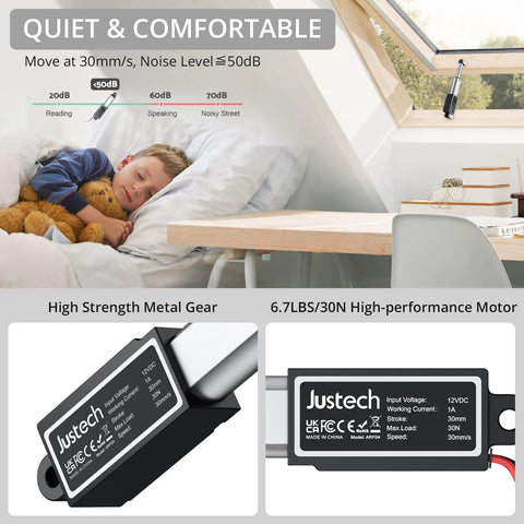Child sleeping with Justech 12V Mini Linear Actuator showing IP54 waterproof protection and specifications for windows and doors.