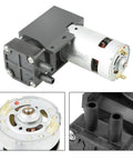 Compact Oilless Vacuum Pump 12 Volt DC 42 Watt Mini Brush Piston Pressure Pump for lab and medical use, close-up views included.