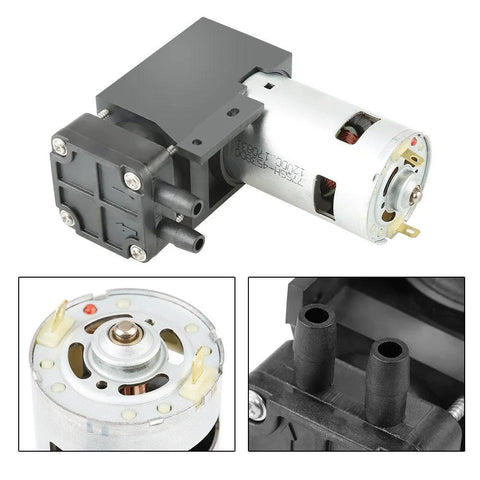 Compact Oilless Vacuum Pump 12 Volt DC 42 Watt Mini Brush Piston Pressure Pump for lab and medical use, close-up views included.