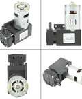 Compact oilless vacuum pump 12 Volt DC 42 watt mini brush piston pressure pump in four different angles, displaying motor and casing.