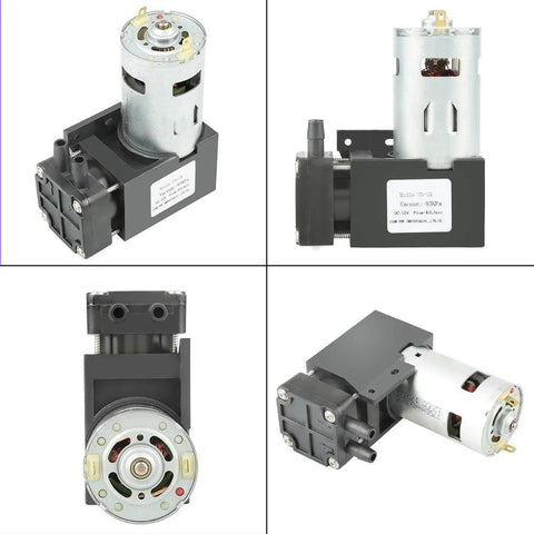 Compact oilless vacuum pump 12 Volt DC 42 watt mini brush piston pressure pump in four different angles, displaying motor and casing.
