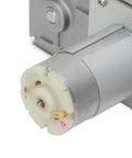 Close-up view of a 12V reciprocating linear actuator with 10 to 130 degree swing beefy high strength cycling motor adjustable speed.