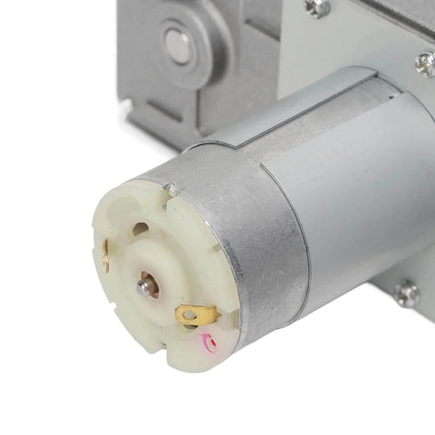Close-up view of a 12V reciprocating linear actuator with 10 to 130 degree swing beefy high strength cycling motor adjustable speed.