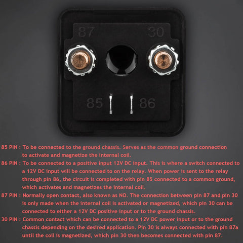 Close-up of Two Pack 12V 200 Amp Continuous Duty Relay Switch for car, truck, boat and marine with labeled terminals.