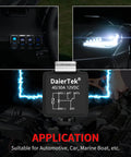 Close-up of 8 Pack 12V SPDT Relay Kit with Diode and LED installation for automotive, featuring 40/30A 12VDC details.