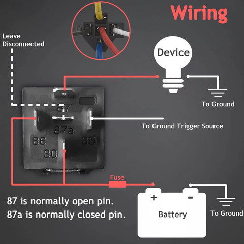 Diagram of Heavy Duty Two Pack 12V Relay Kit With 5 Pin SPDT And Harness, wiring connections to battery and device.