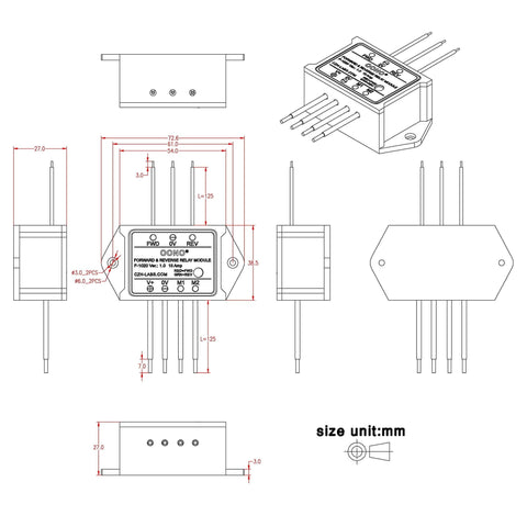 Technical drawing of Forward and Reverse Relay Module for Motor/Linear Actuator, Reversing Relay Module (DC 12V) with dimensions.