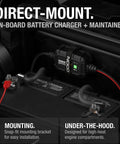 2A 12V Smart Onboard Battery Charger Maintainer Desulfator with Overcharge Protection and Temperature Compensation for Lead Acid Batteries AGM Gel SLA VRLA Direct Mount for Automotive Marine Applications shown installed under car hood.