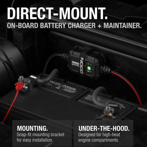 2A 12V Smart Onboard Battery Charger Maintainer Desulfator with Overcharge Protection and Temperature Compensation for Lead Acid Batteries AGM Gel SLA VRLA Direct Mount for Automotive Marine Applications shown installed under car hood.