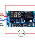 12V Timer Relay With LED Display, Four-Mode Time Delay Switch For Auto Use, On Off Delay Timer From 0.1 Seconds To 999 Minutes, Trigger By Power, Button, PNP Sensor Or PLC, front view showing connections and buttons