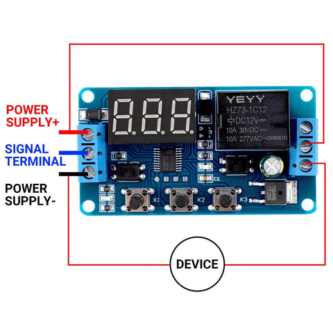 12V Timer Relay With LED Display, Four-Mode Time Delay Switch For Auto Use, On Off Delay Timer From 0.1 Seconds To 999 Minutes, Trigger By Power, Button, PNP Sensor Or PLC, front view showing connections and buttons