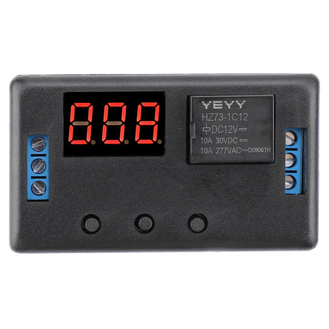 Front view of 12V Timer Relay With LED Display, Four-Mode Time Delay Switch For Auto Use, On Off Delay Timer From 0.1 Seconds To 999 Minutes.
